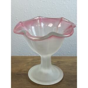 Vintage Pink Rim Frosted Glass Compote Pedestal Candy Dish